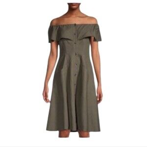 SAKS FIFTH AVE Dress 12 L Olive Linen Blend Off Shoulder Pockets Summer …